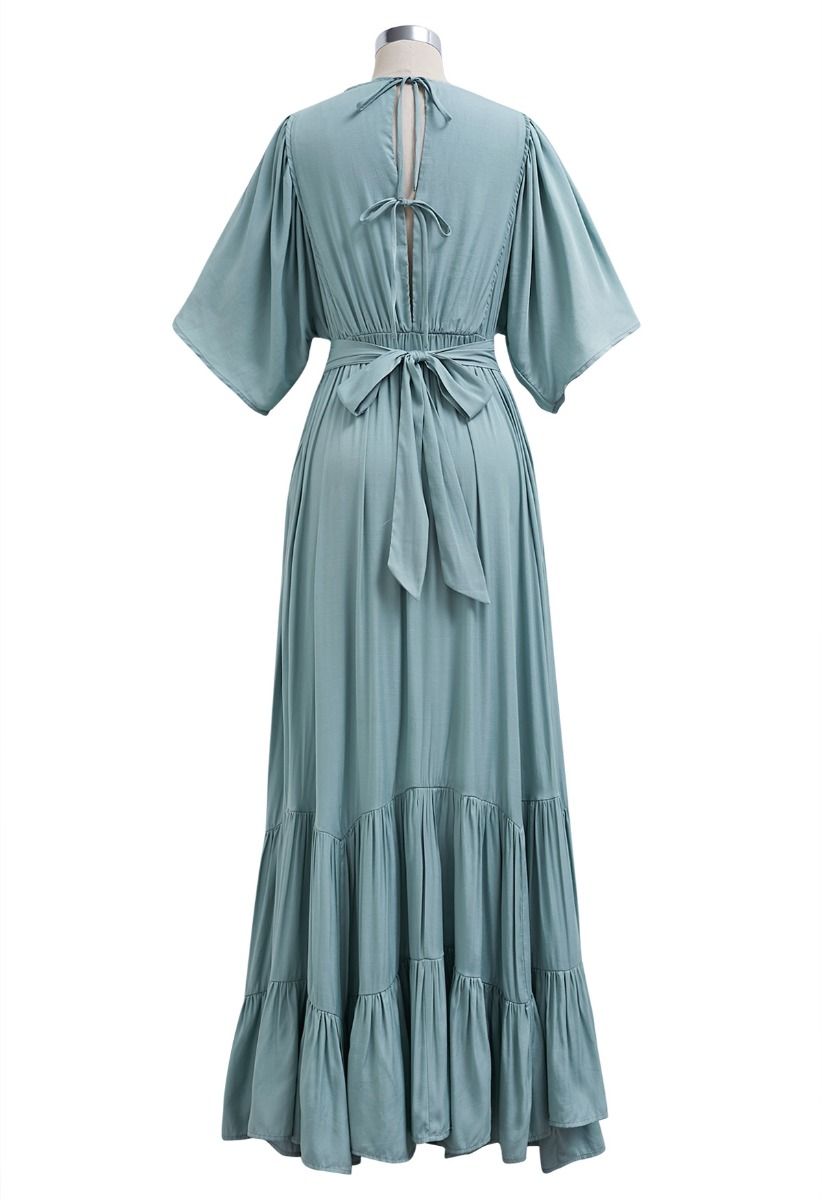 Subtle Romance Deep V-Neck Flutter Sleeve Maxi Dress in Teal