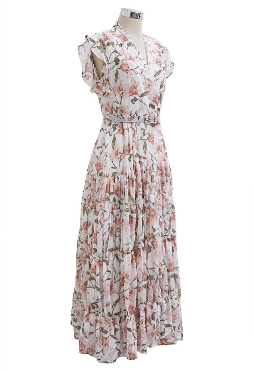 Lily Printed Belted Faux-Wrap Chiffon Maxi Dress in White