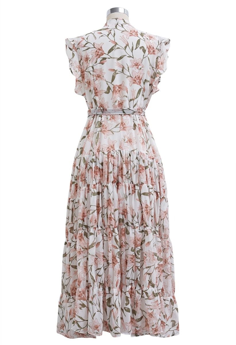 Lily Printed Belted Faux-Wrap Chiffon Maxi Dress in White