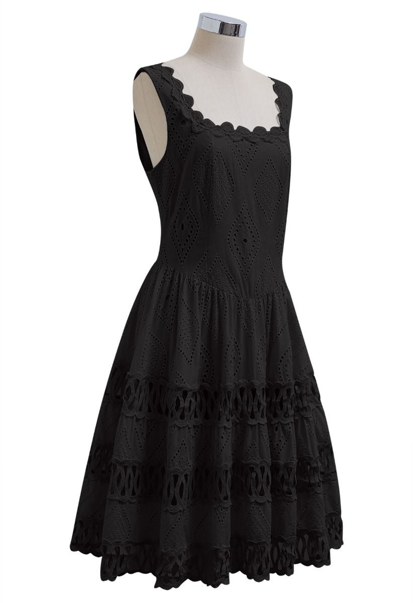 Geometric Eyelet Embroidered Square Neck Sleeveless Dress in Black