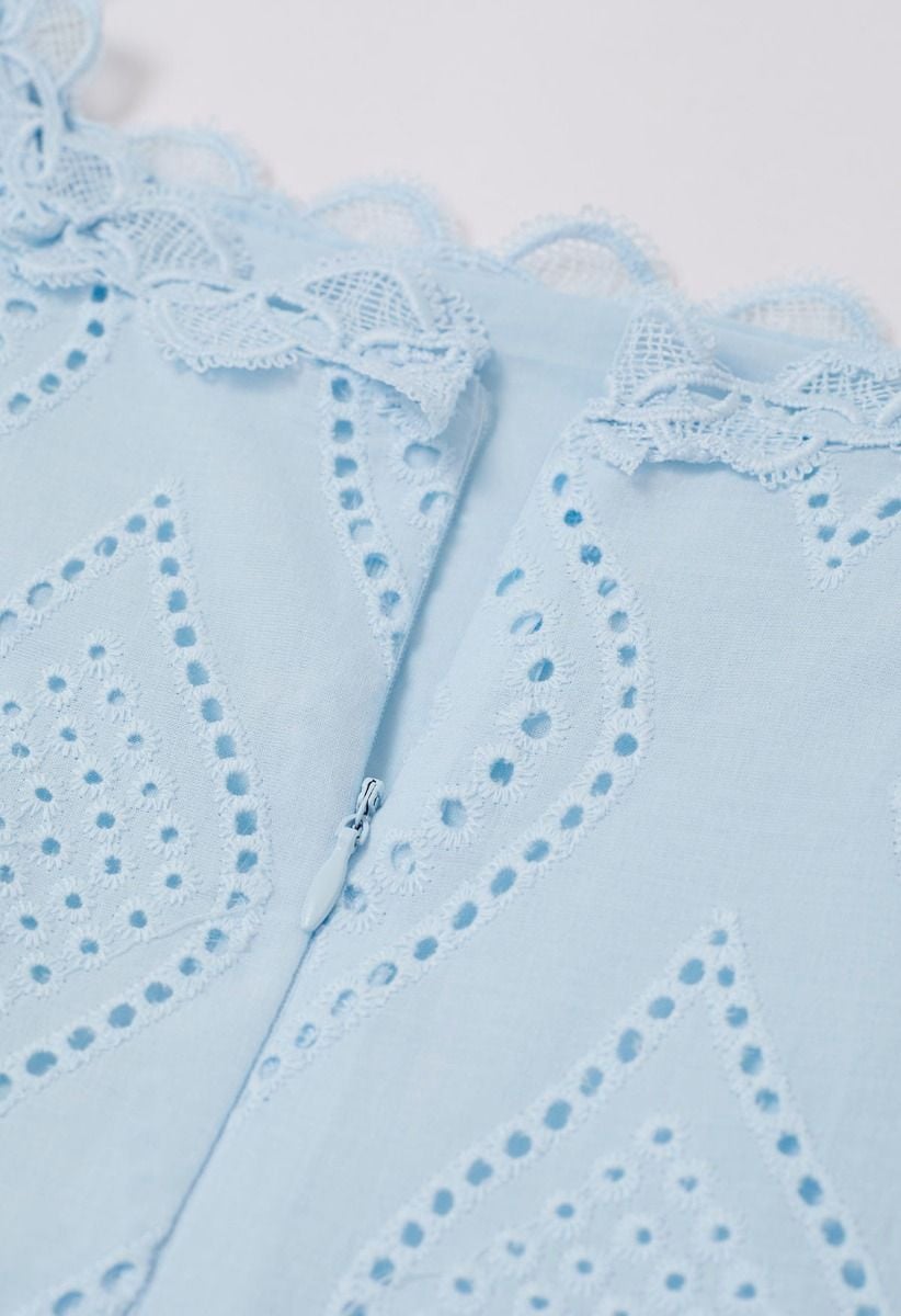 Geometric Eyelet Embroidered Square Neck Sleeveless Dress in Light Blue