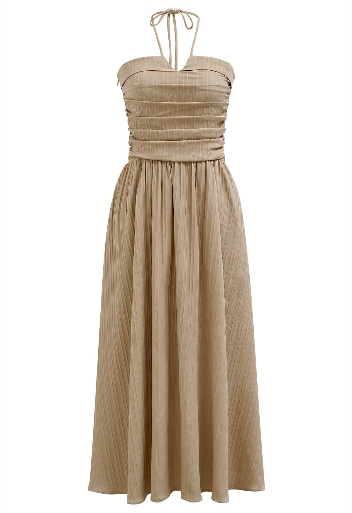 Halter Neck Shirred Back Midi Dress in Light Tan