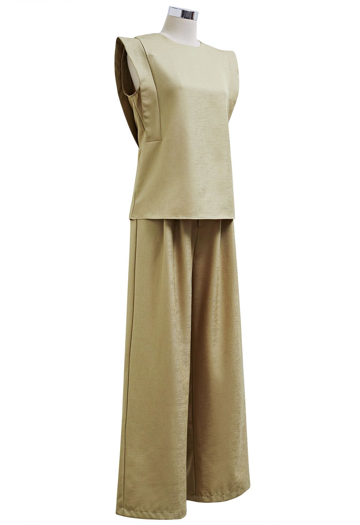 Chic Sleeveless Top and Flowy Wide-Leg Pants Set in Khaki