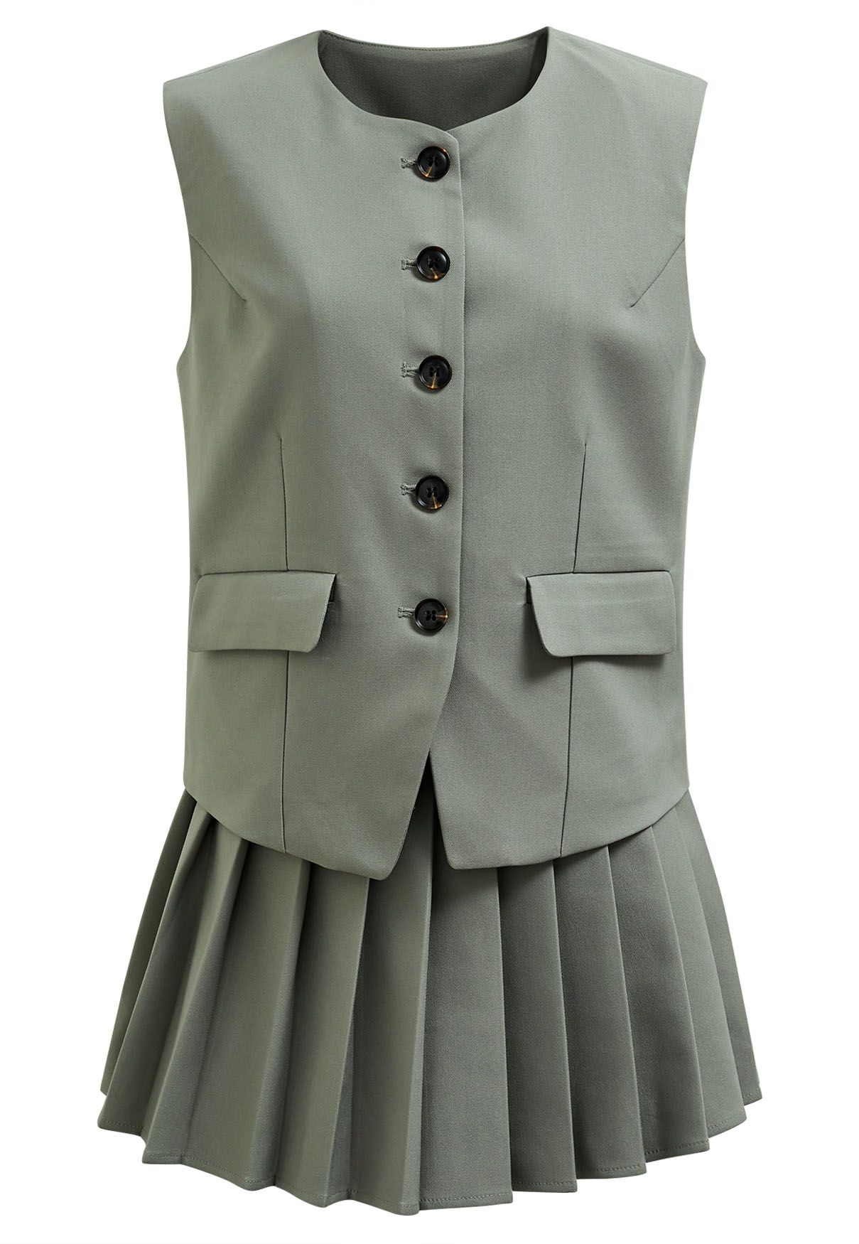 Button Front Vest Blazer and Pleated Mini Skirt Set in Sage