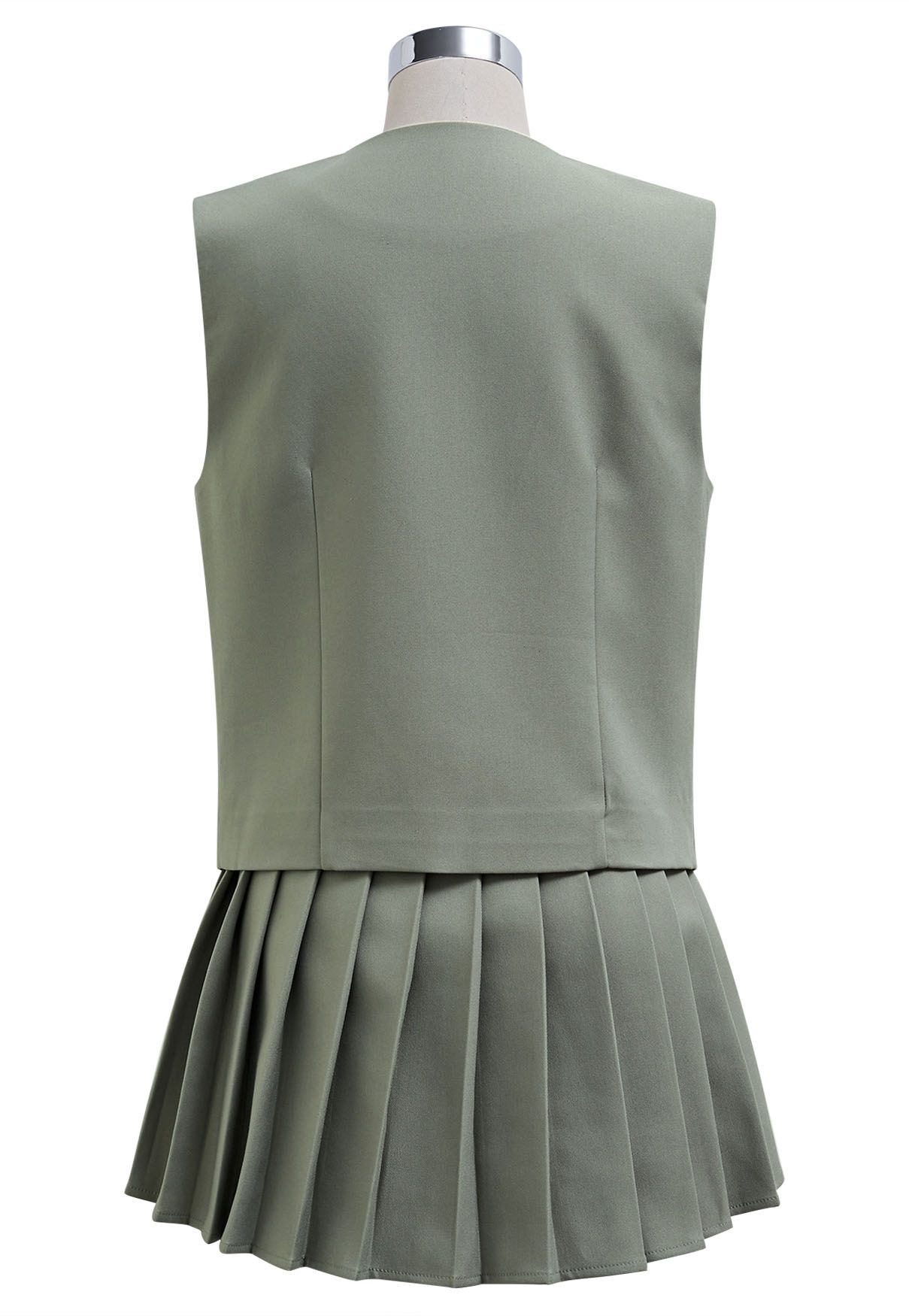 Button Front Vest Blazer and Pleated Mini Skirt Set in Sage