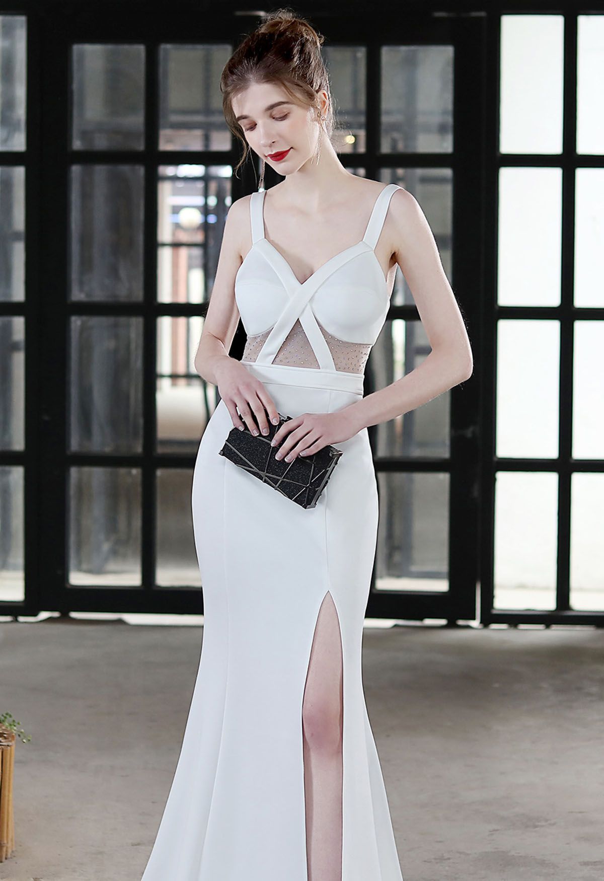 Beaded Mesh Patchwork Split Cami Gown in White