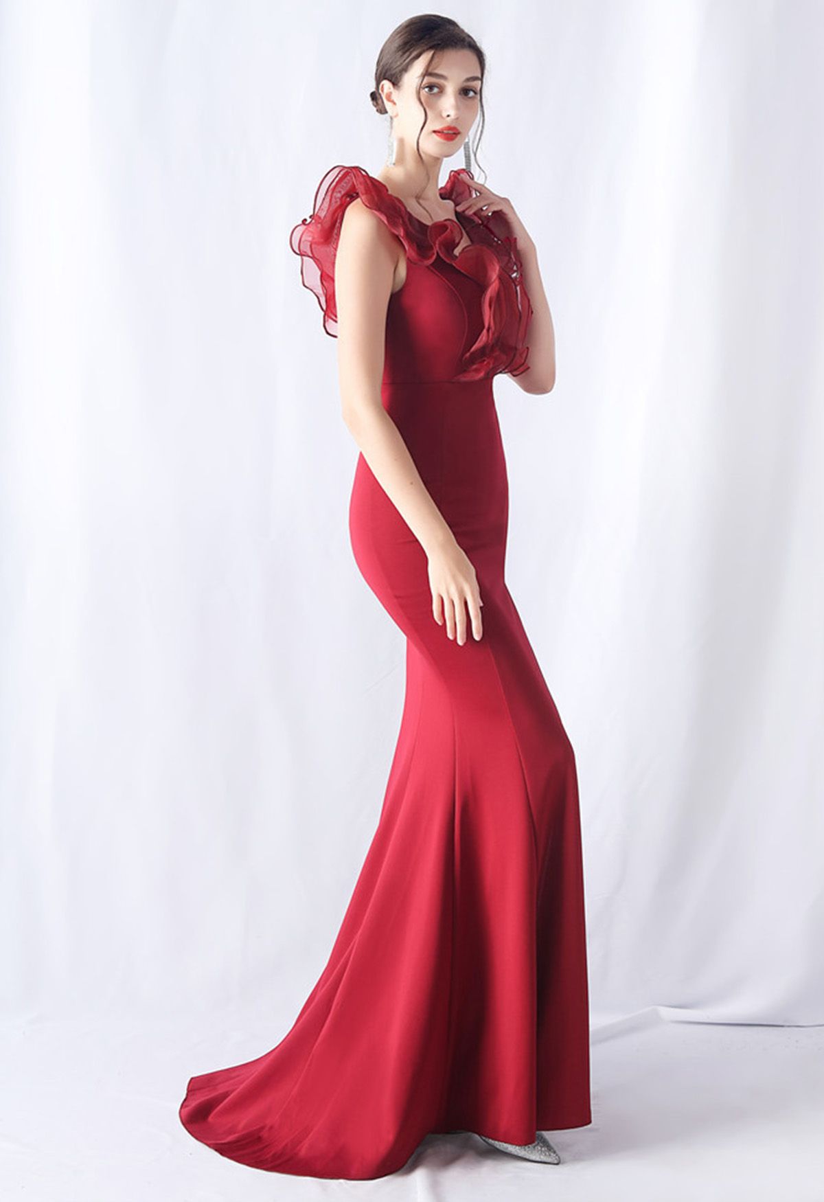 Organza Ruffle Trim Satin Slit Mermaid Gown in Red