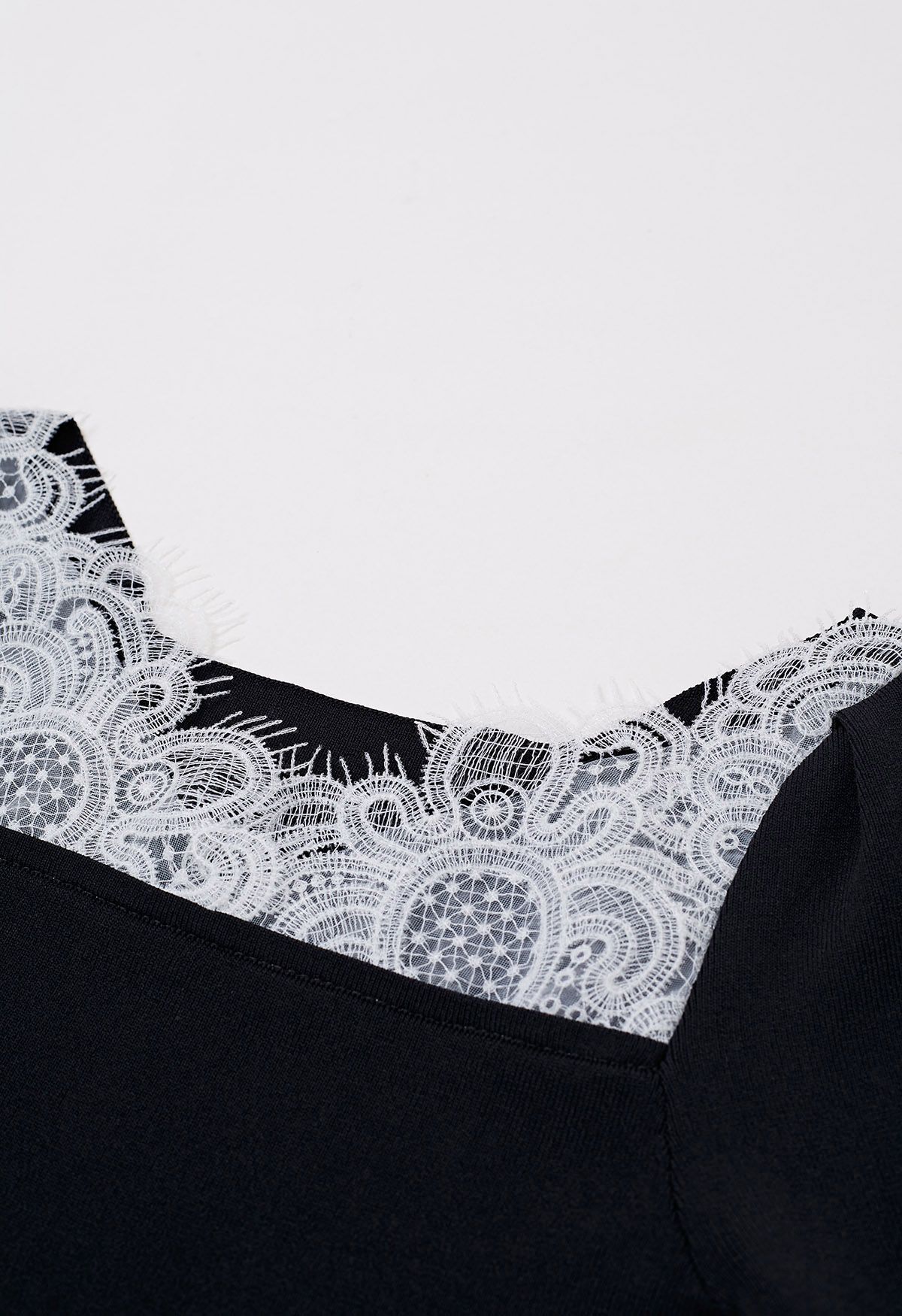 Lace Spliced Square Neckline Knit Top in Black