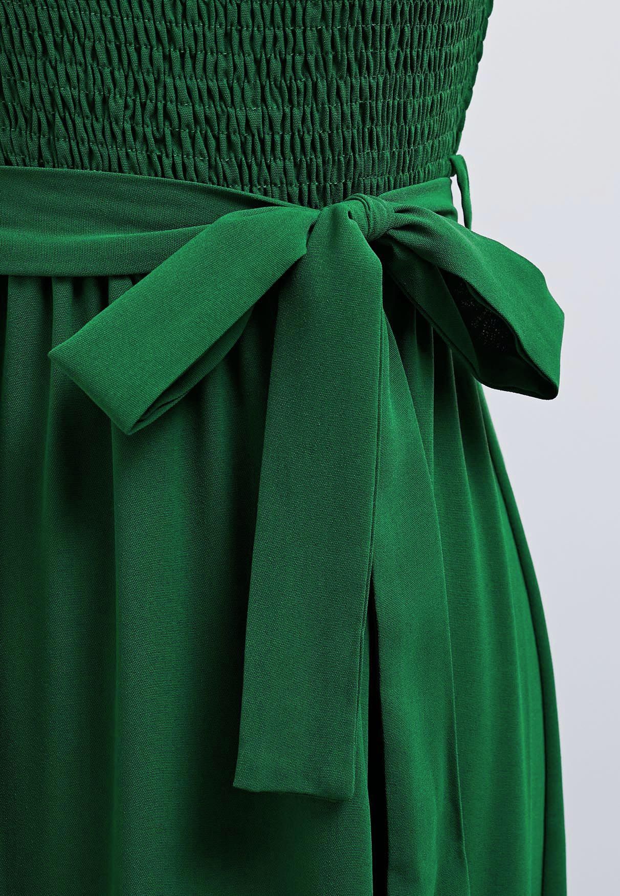 Irregular Ruffle Hem Tie-Strap Midi Dress in Green