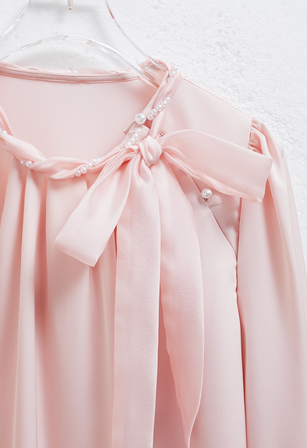 Pearly Neckline Side Bowknot Satin Top in Pink