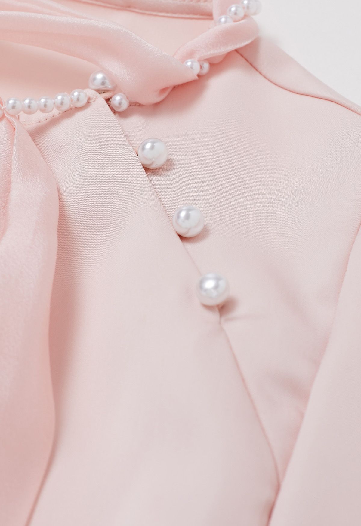 Pearly Neckline Side Bowknot Satin Top in Pink