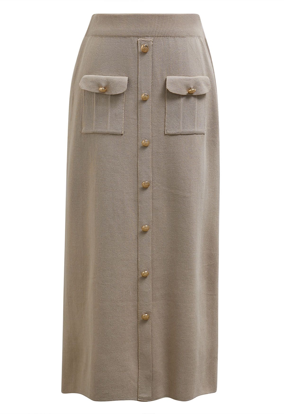 Standout Button Short-Sleeve Knit Top and Midi Skirt Set in Taupe