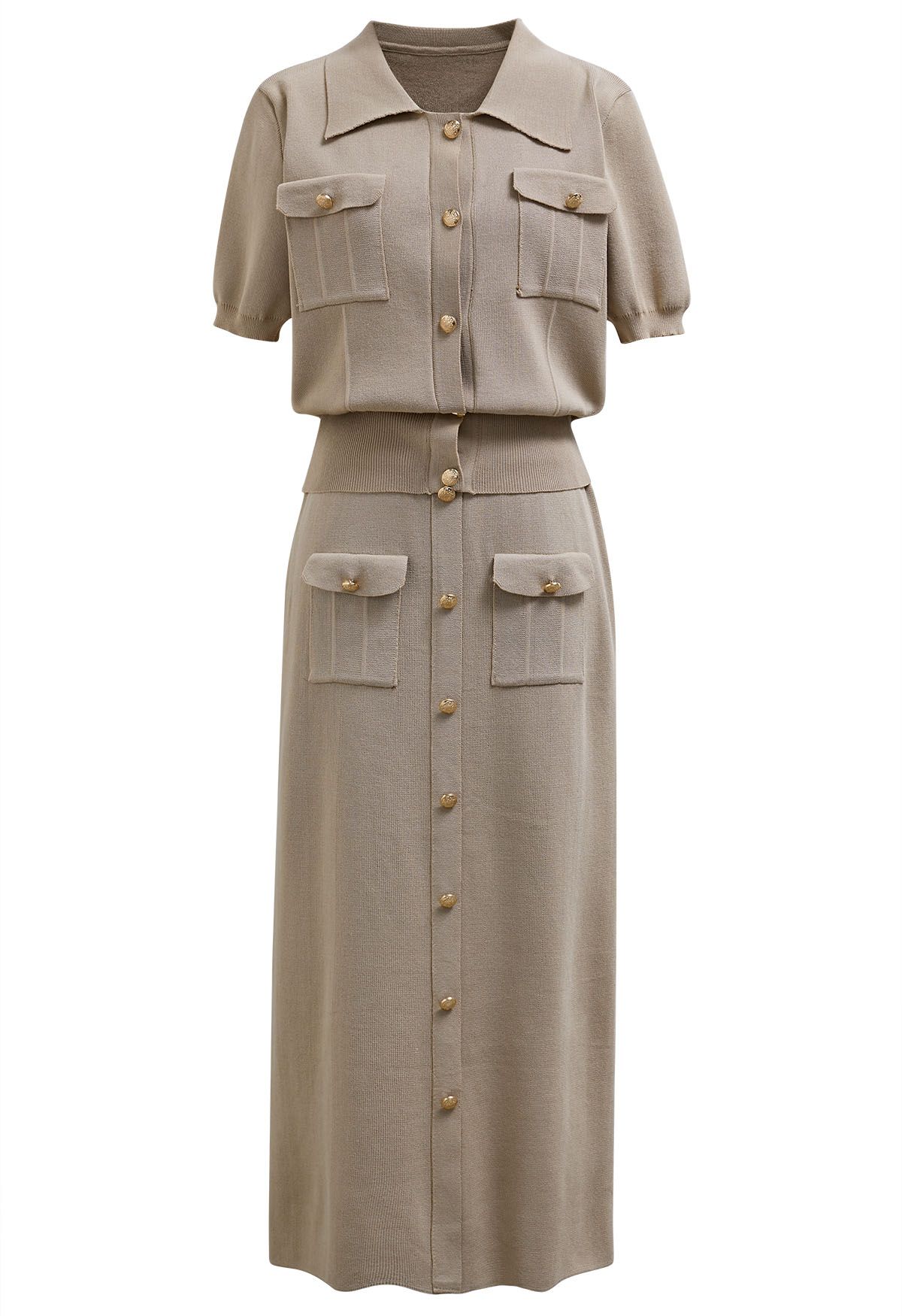 Standout Button Short-Sleeve Knit Top and Midi Skirt Set in Taupe
