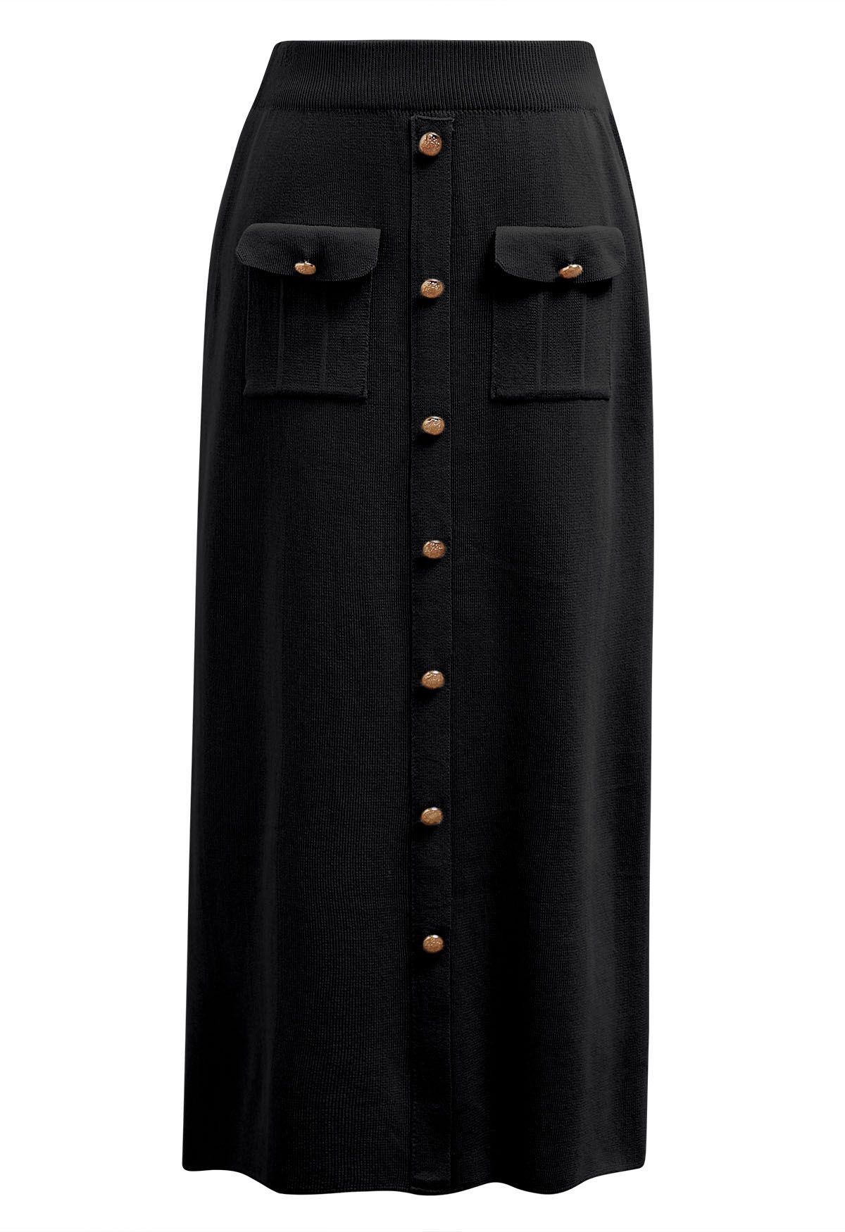 Standout Button Short-Sleeve Knit Top and Midi Skirt Set in Black