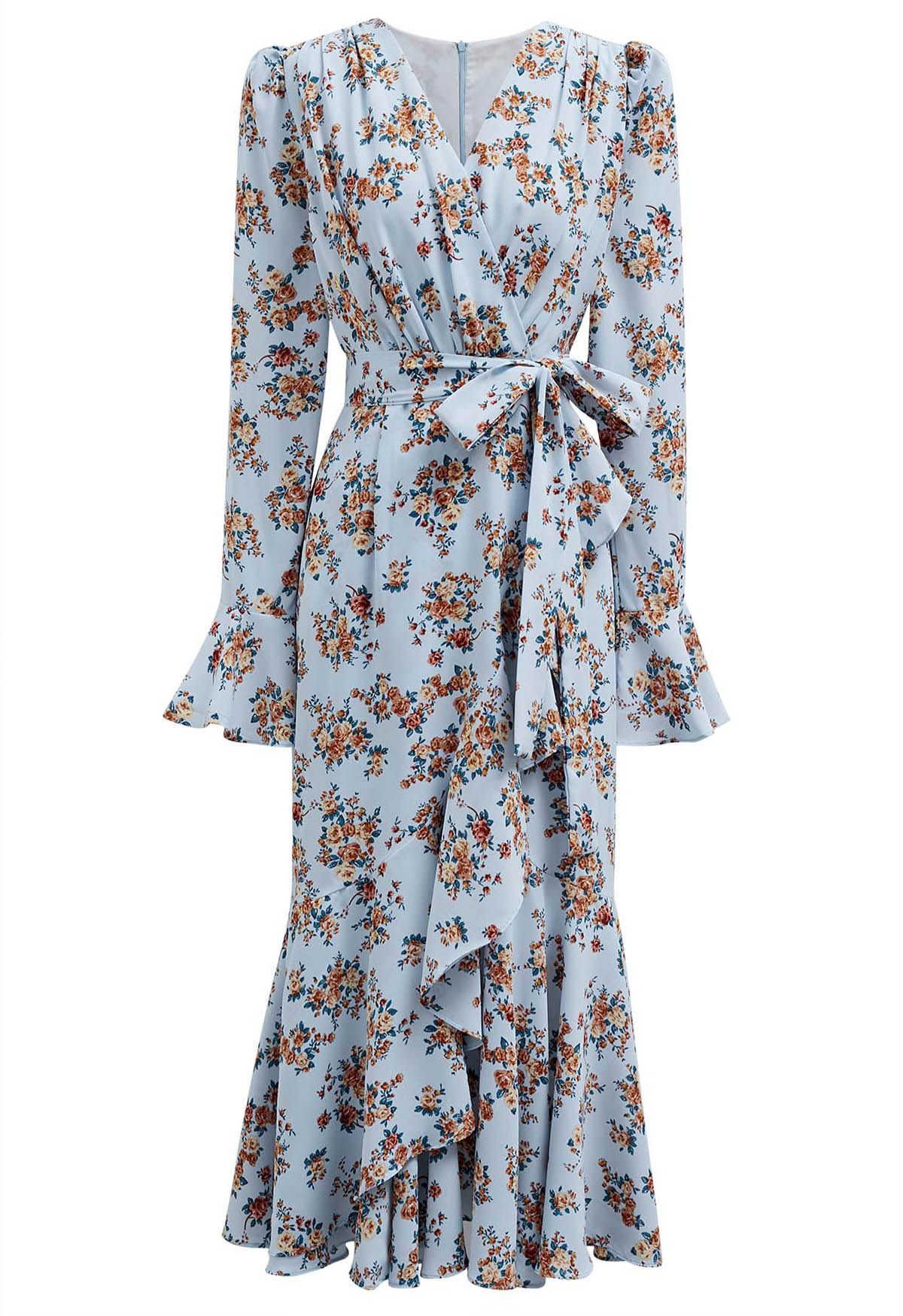 Floral Romance Faux-Wrap Frilling Midi Dress in Blue