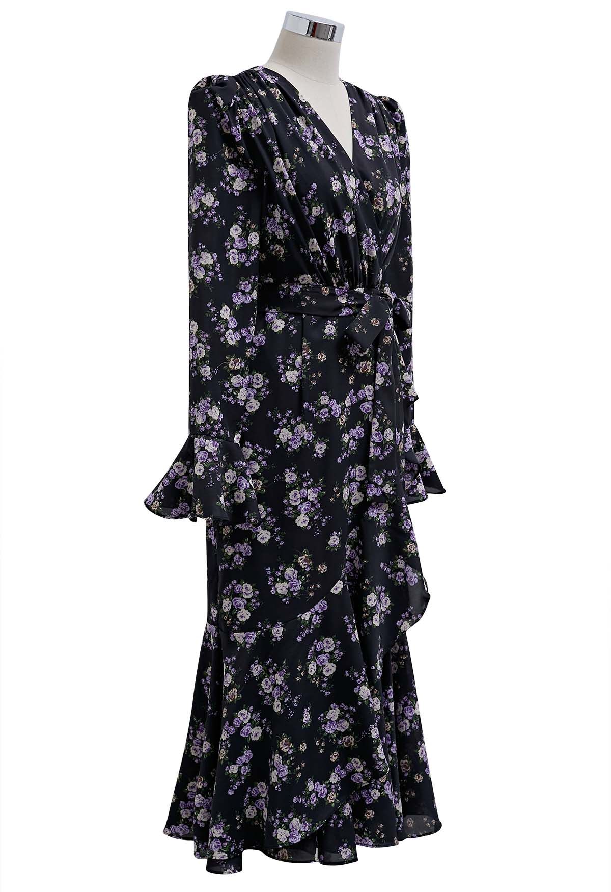 Floral Romance Faux-Wrap Frilling Midi Dress in Black