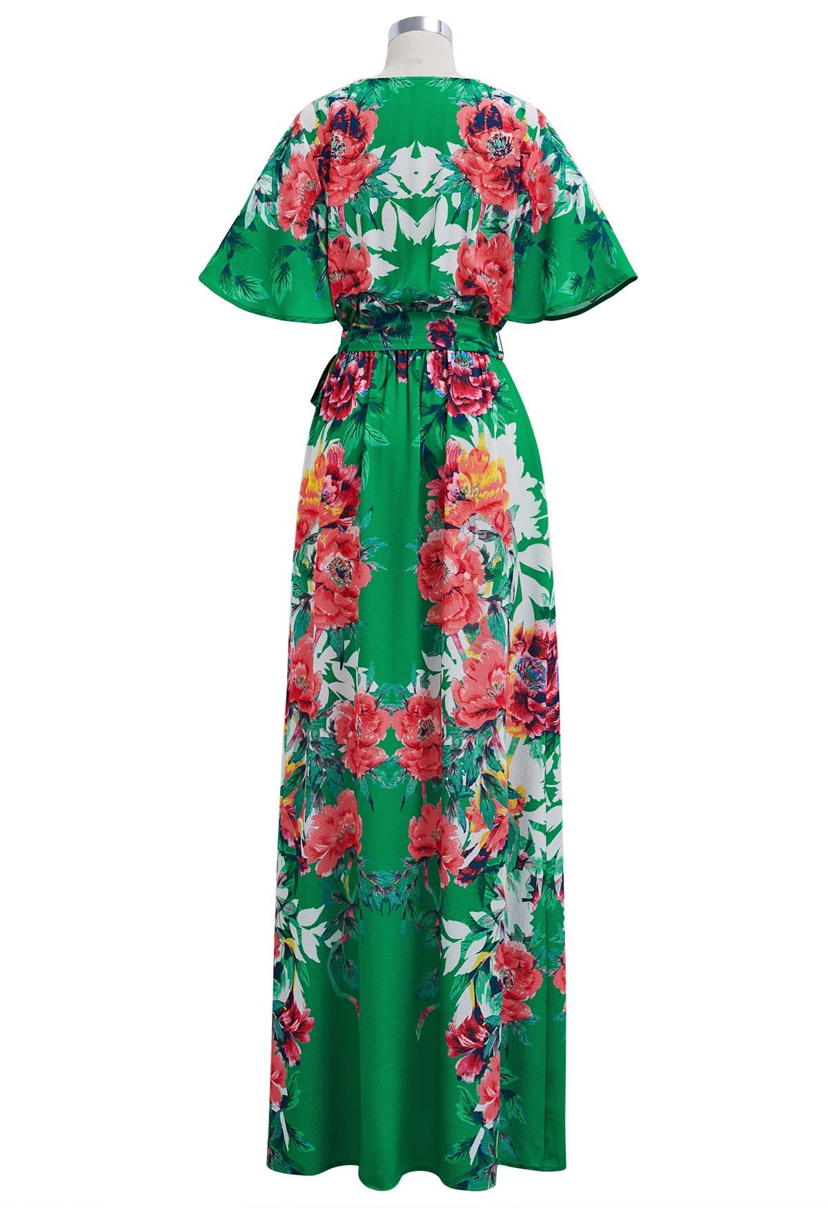 Greenery Blossom Printed Faux-Wrap Maxi Dress