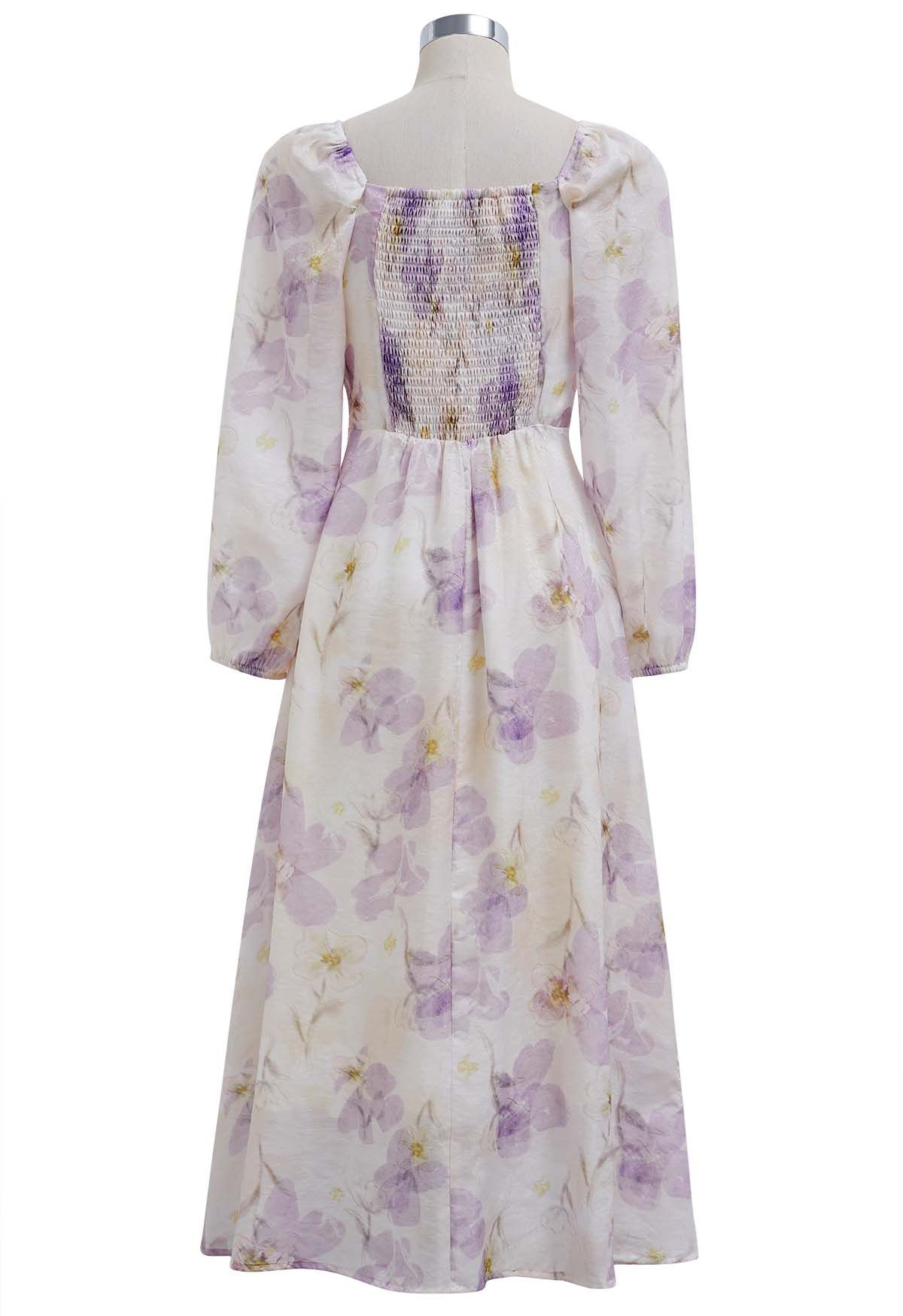 Step into Spring Floral Chiffon Midi Dress in Lilac