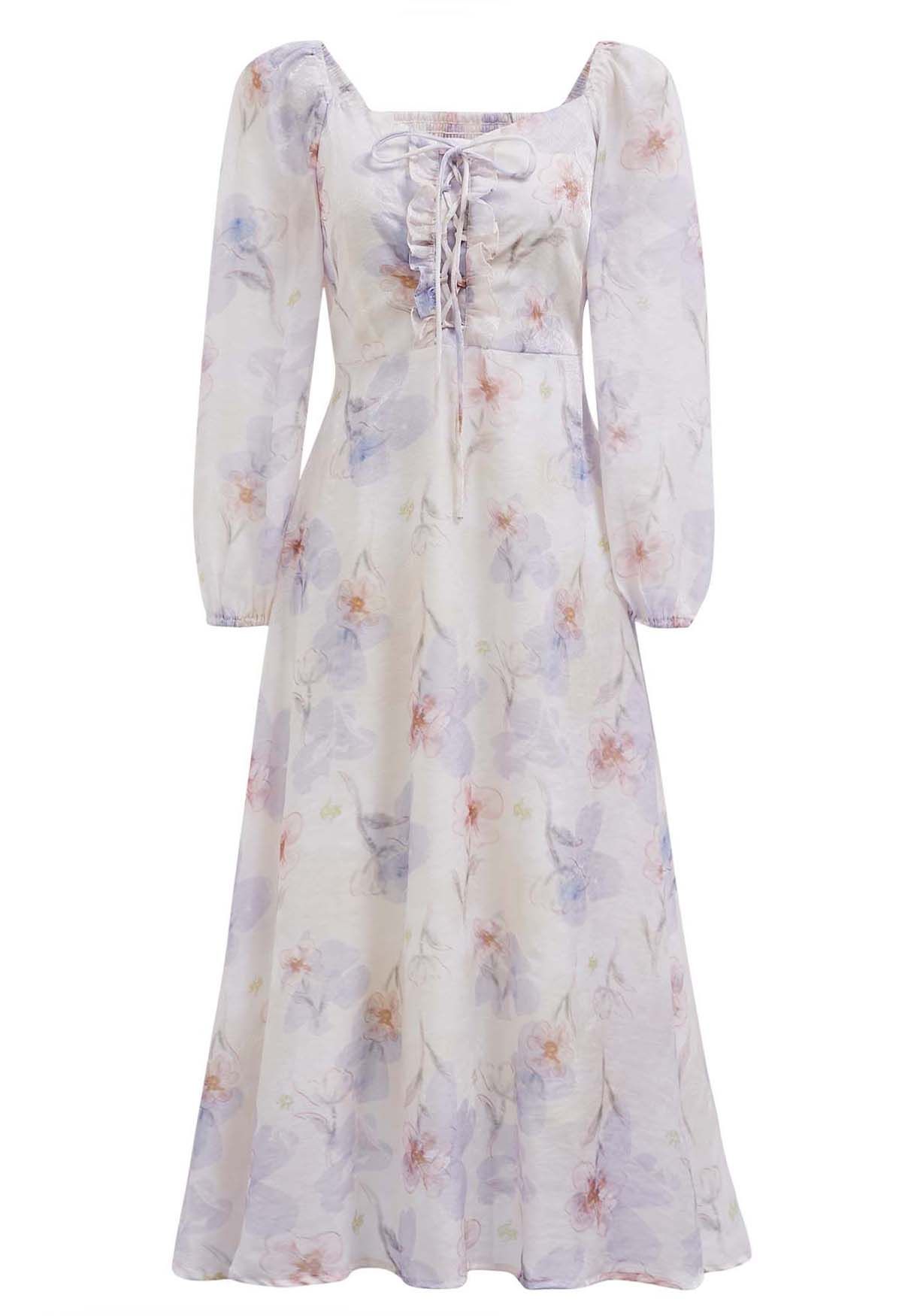 Step into Spring Floral Chiffon Midi Dress in Light Blue