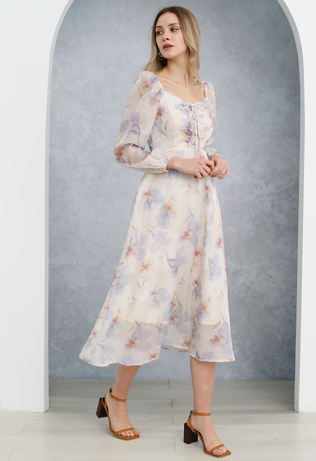 Step into Spring Floral Chiffon Midi Dress in Light Blue