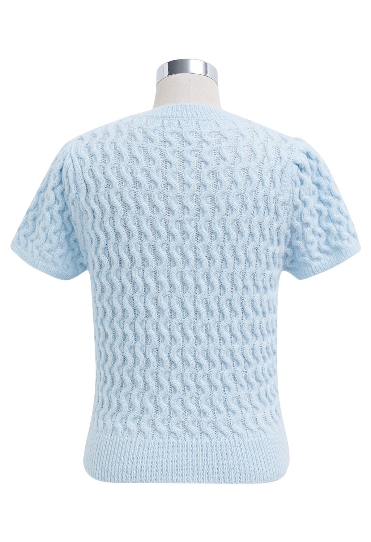 Endearing Bowknot Embellished Short Sleeve Knit Top in Blue