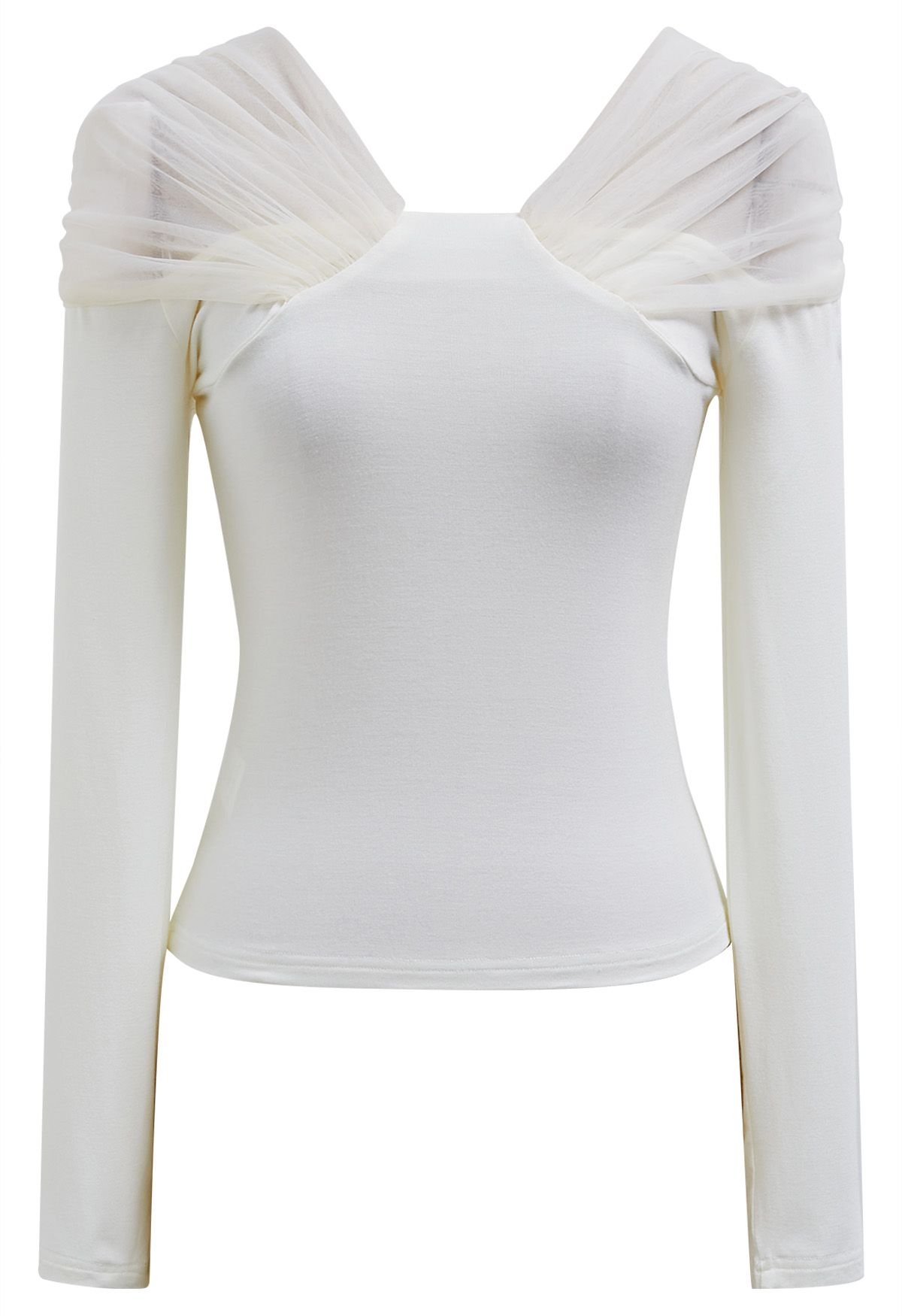 Mesh Spliced Shoulder Fitted Top in Ivory