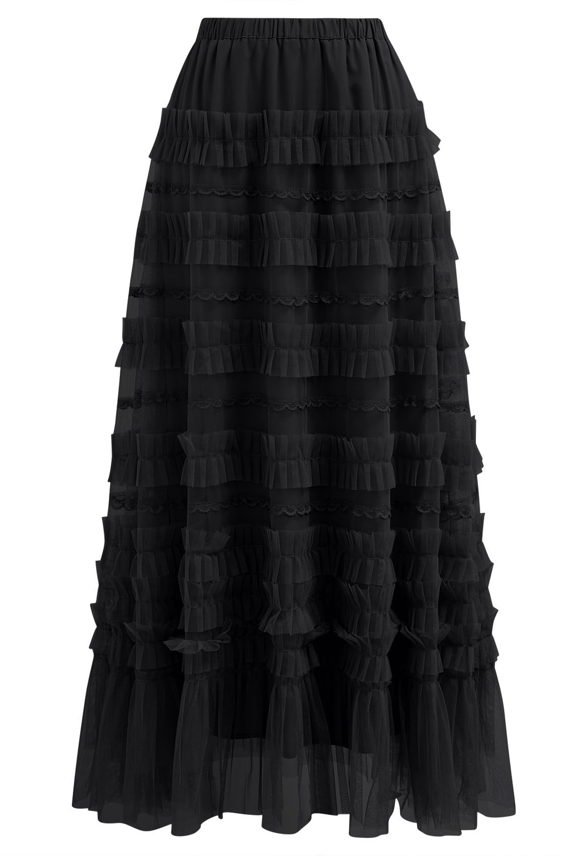 Ruffle Lace Mesh Tulle Maxi Skirt in Black