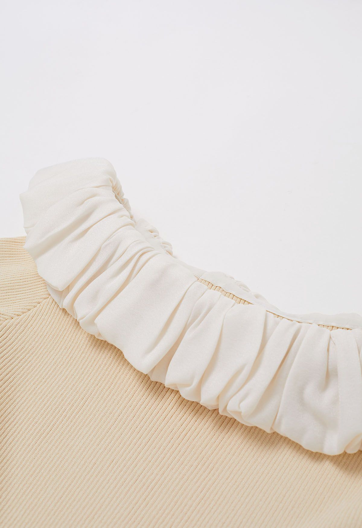 Ruched Organza Flare Cuffs Knit Top in Cream