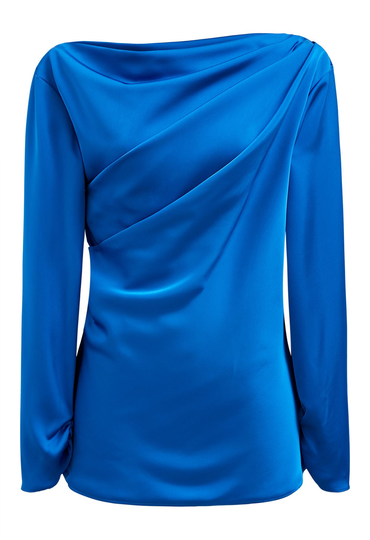 Asymmetric Ruched Satin Long Sleeve Top in Blue