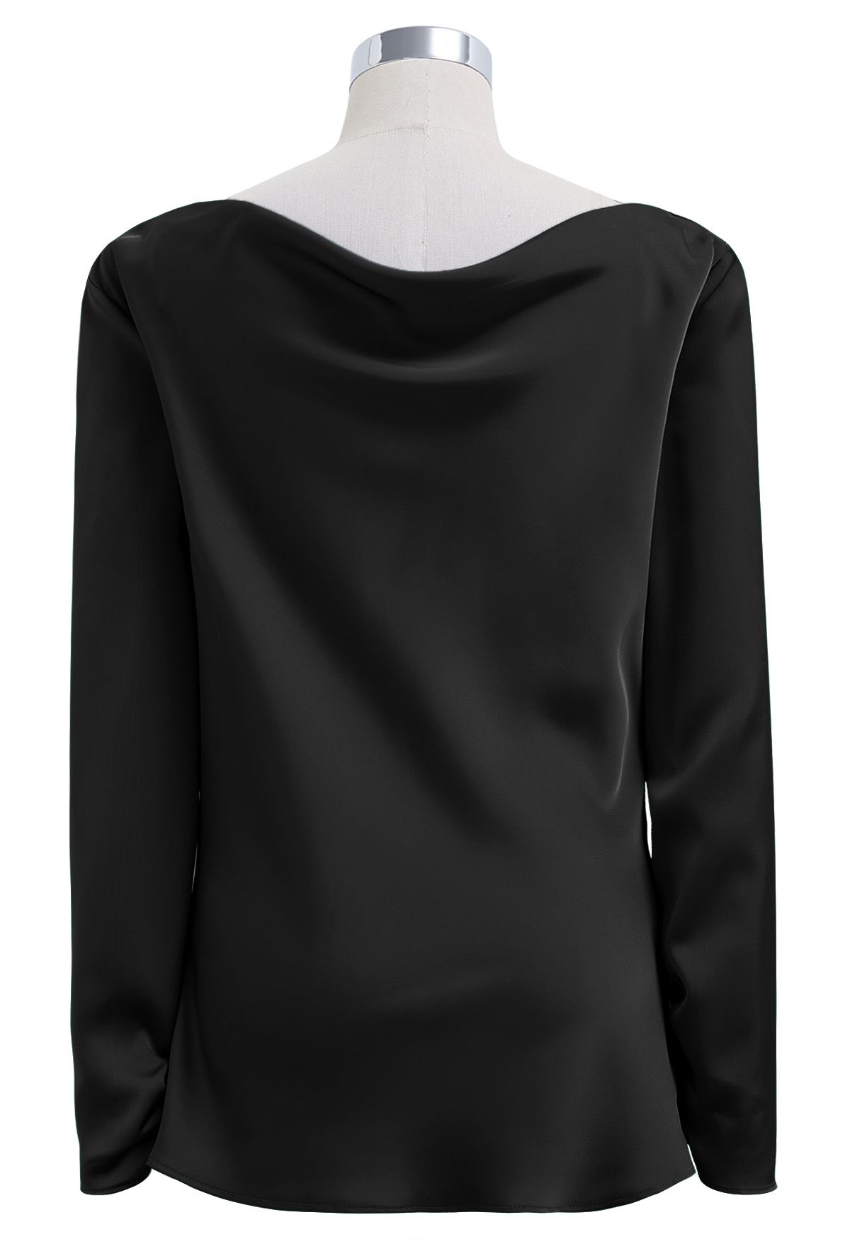 Asymmetric Ruched Satin Long Sleeve Top in Black