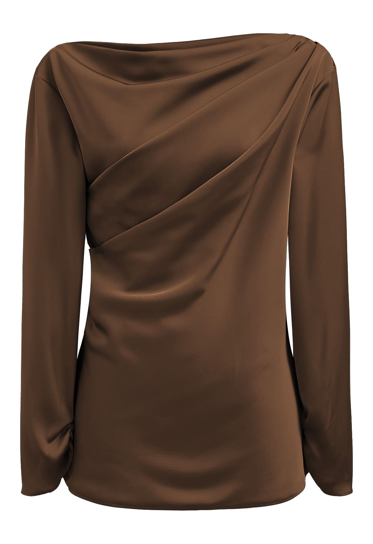 Asymmetric Ruched Satin Long Sleeve Top in Brown