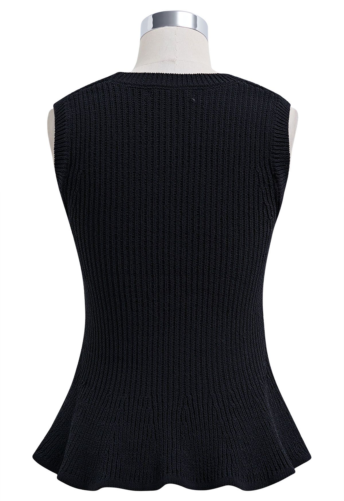 Scoop Neck Ruffle Hem Sleeveless Knit Top in Black