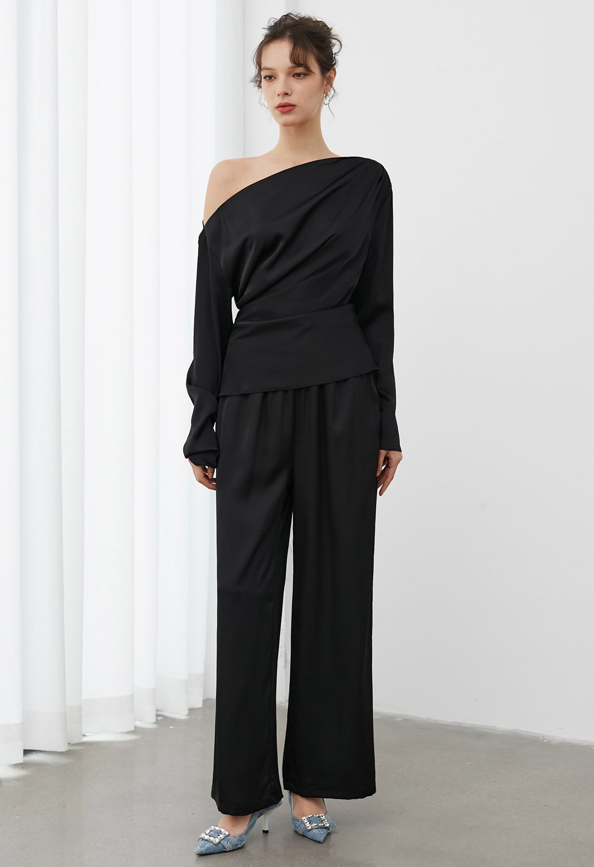 Asymmetric Ruched Satin Long Sleeve Top in Black