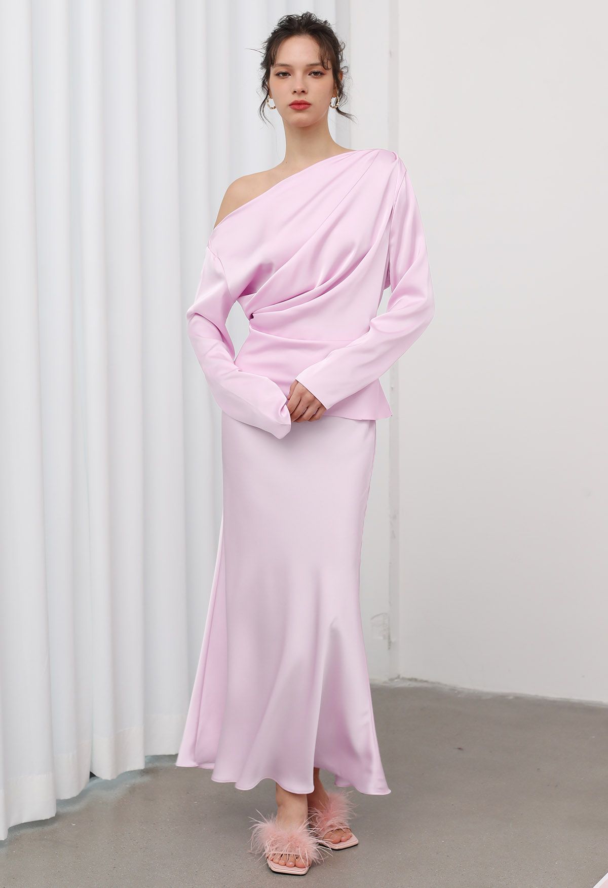 Asymmetric Ruched Satin Long Sleeve Top in Pink