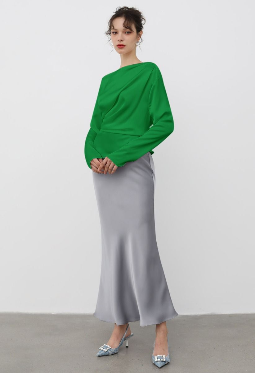 Asymmetric Ruched Satin Long Sleeve Top in Green