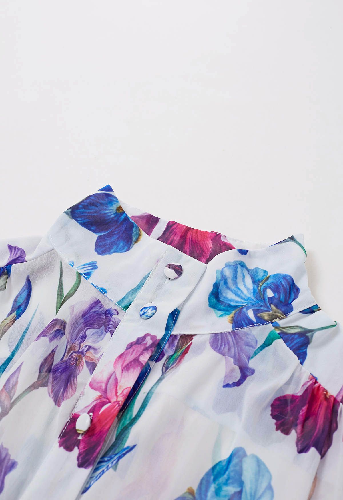 藍紫色花朵印花系腰雪紡連衣裙
