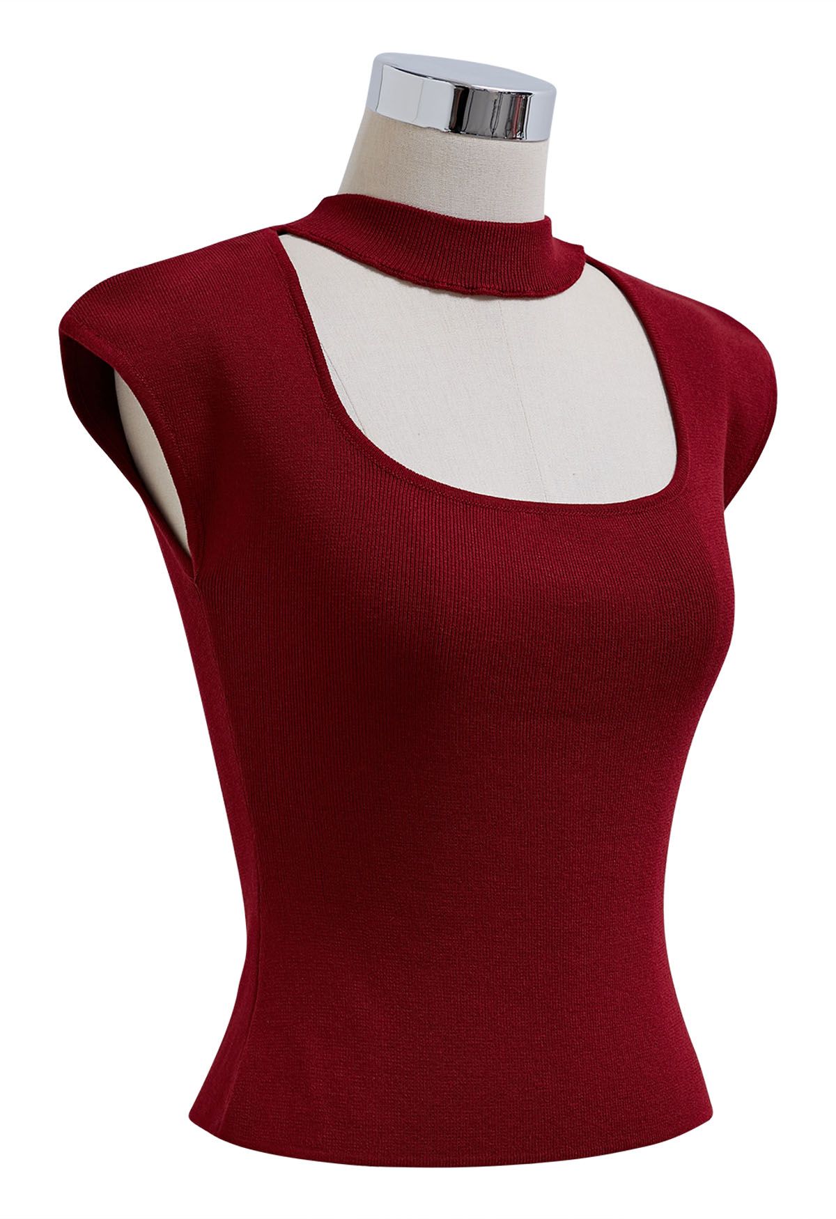 Choker Neck Cap Sleeve Knit Top in Red