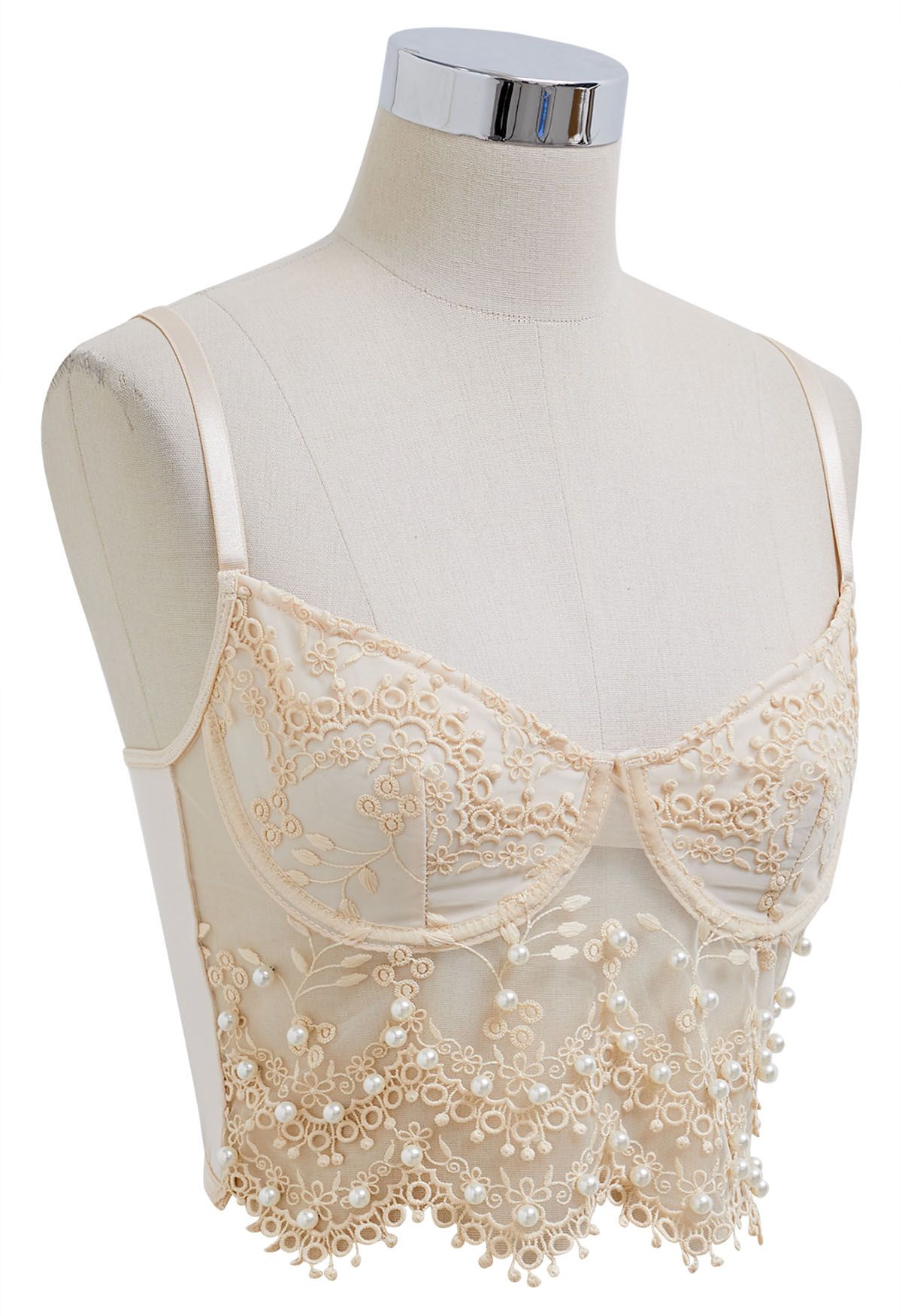 Pearl Floret Embroidered Mesh Bustier Top