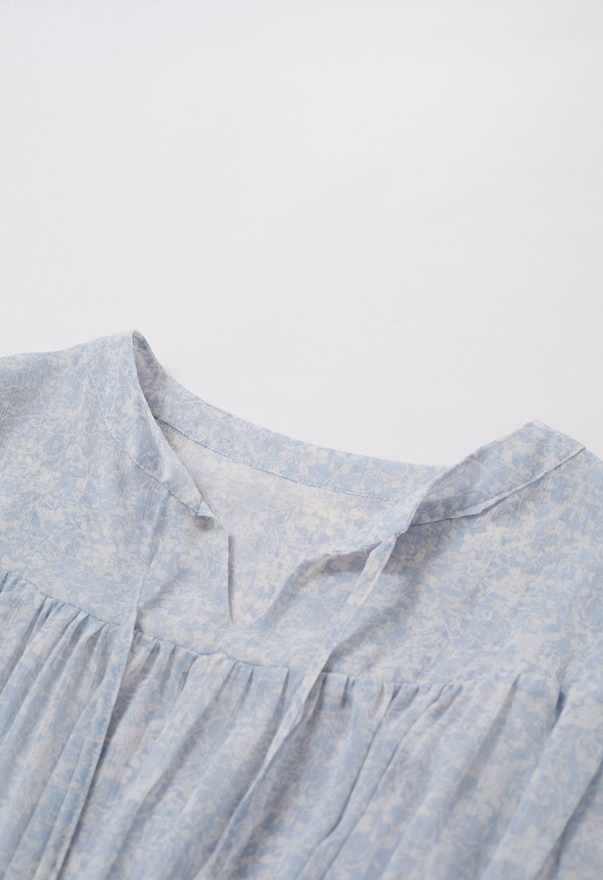 Tie-Neck Floret Tiered Skater Dress in Light Blue