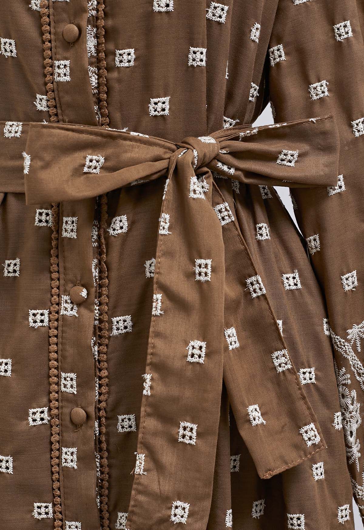 Tie-Waist Eyelet Embroidered Cotton Shirt Dress in Brown