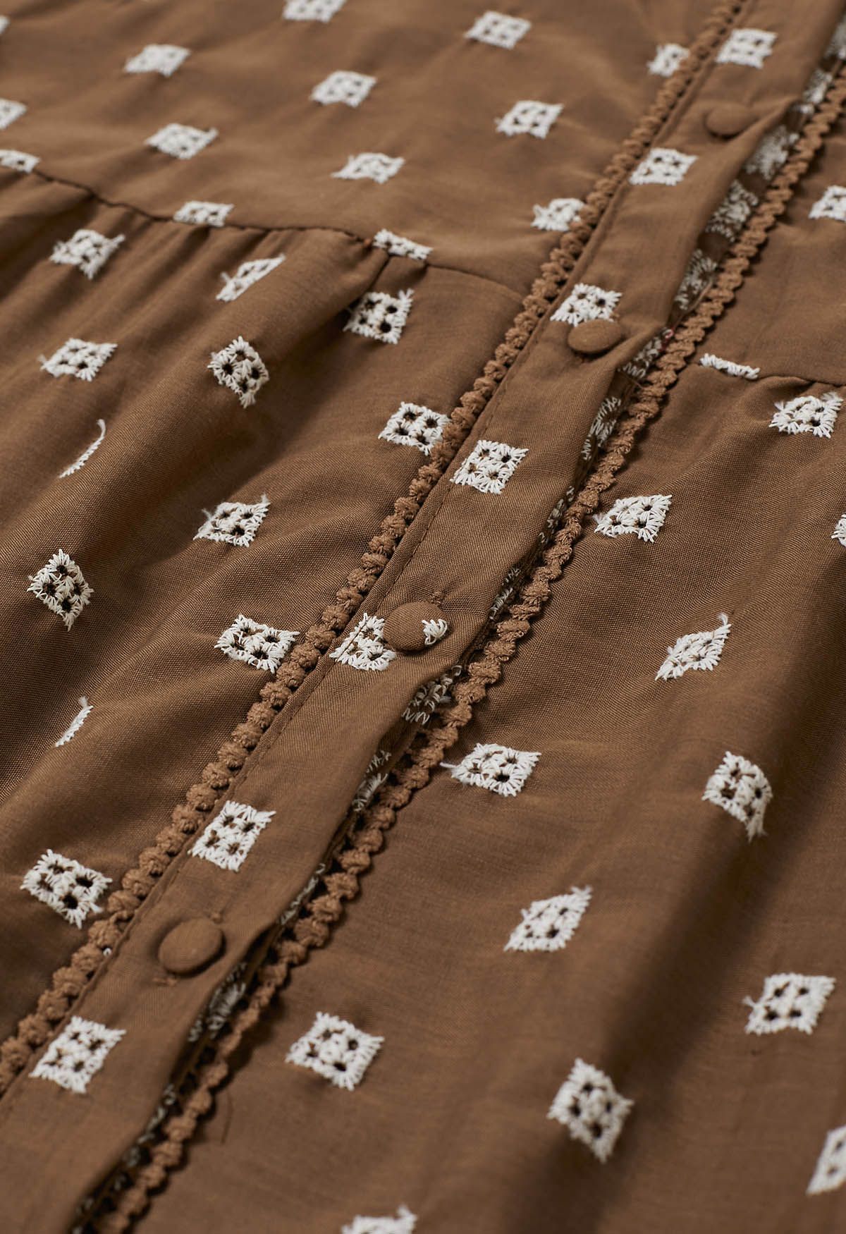 Tie-Waist Eyelet Embroidered Cotton Shirt Dress in Brown
