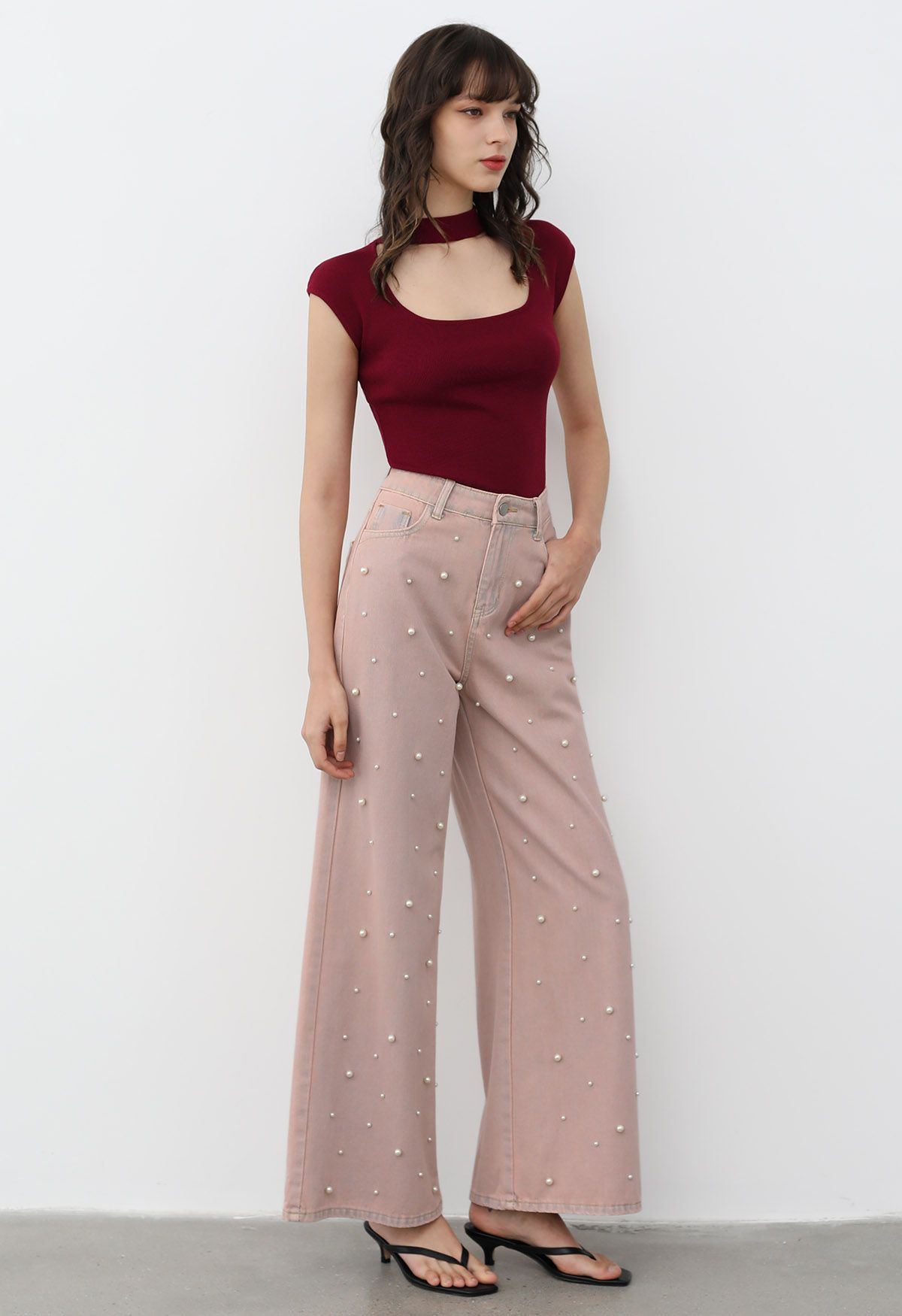 Pearl Adorned Straight-Leg Jeans in Pink