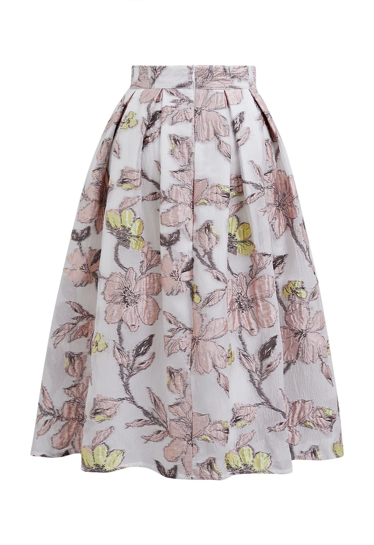 Springtime Floral Jacquard Pleated Midi Skirt in Pink