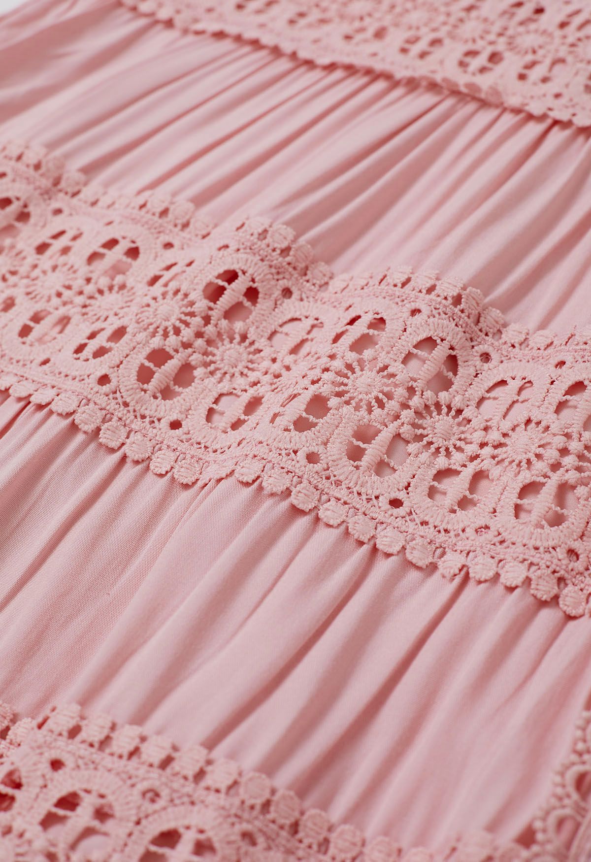 Crochet Panelled Tie-Waist Button Down Dress in Pink