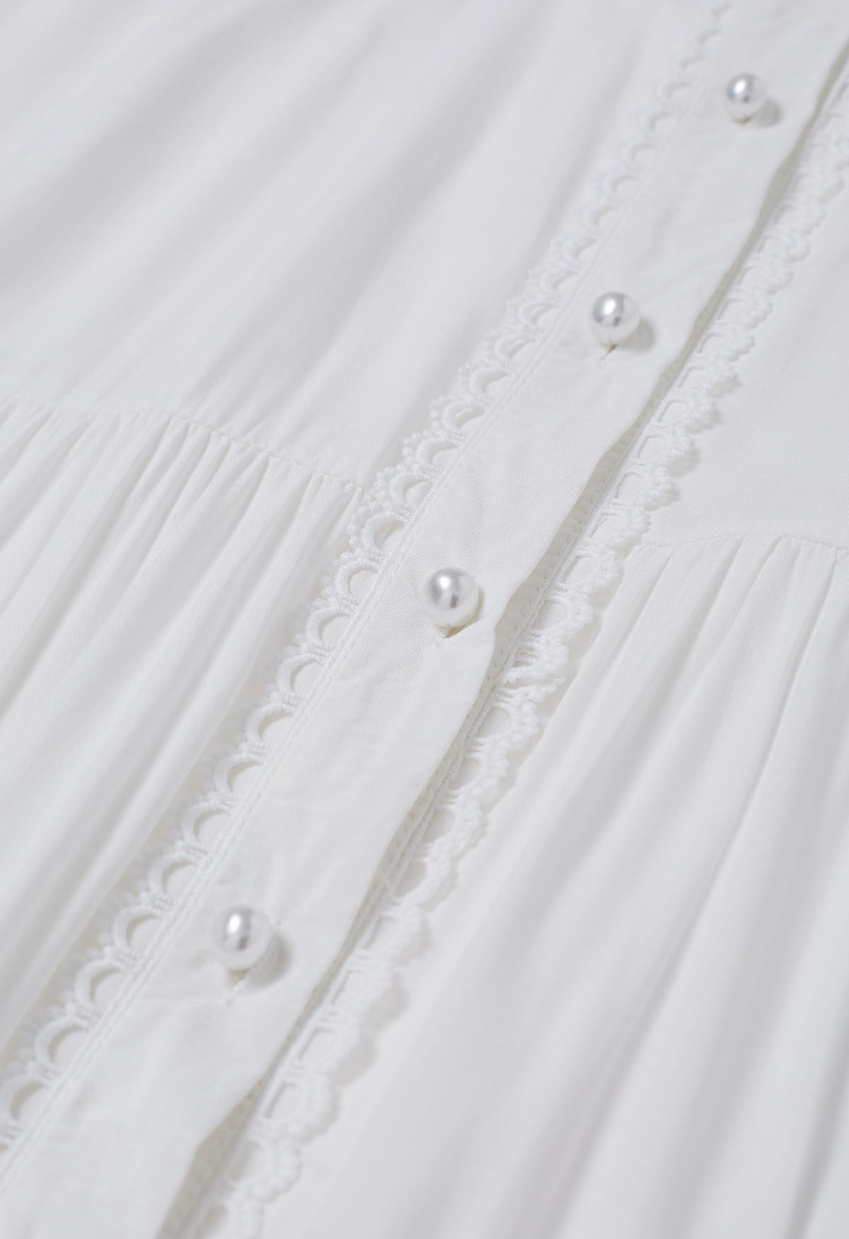 Crochet Panelled Tie-Waist Button Down Dress in White