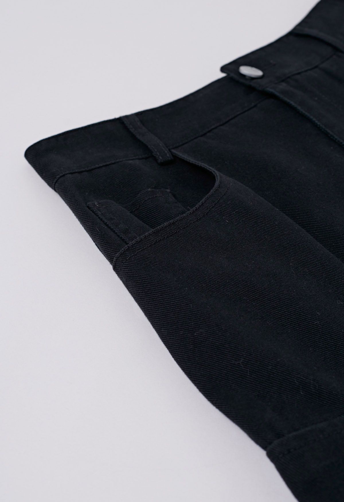 Pocket Trim Belted Denim Flare Skirt in Black
