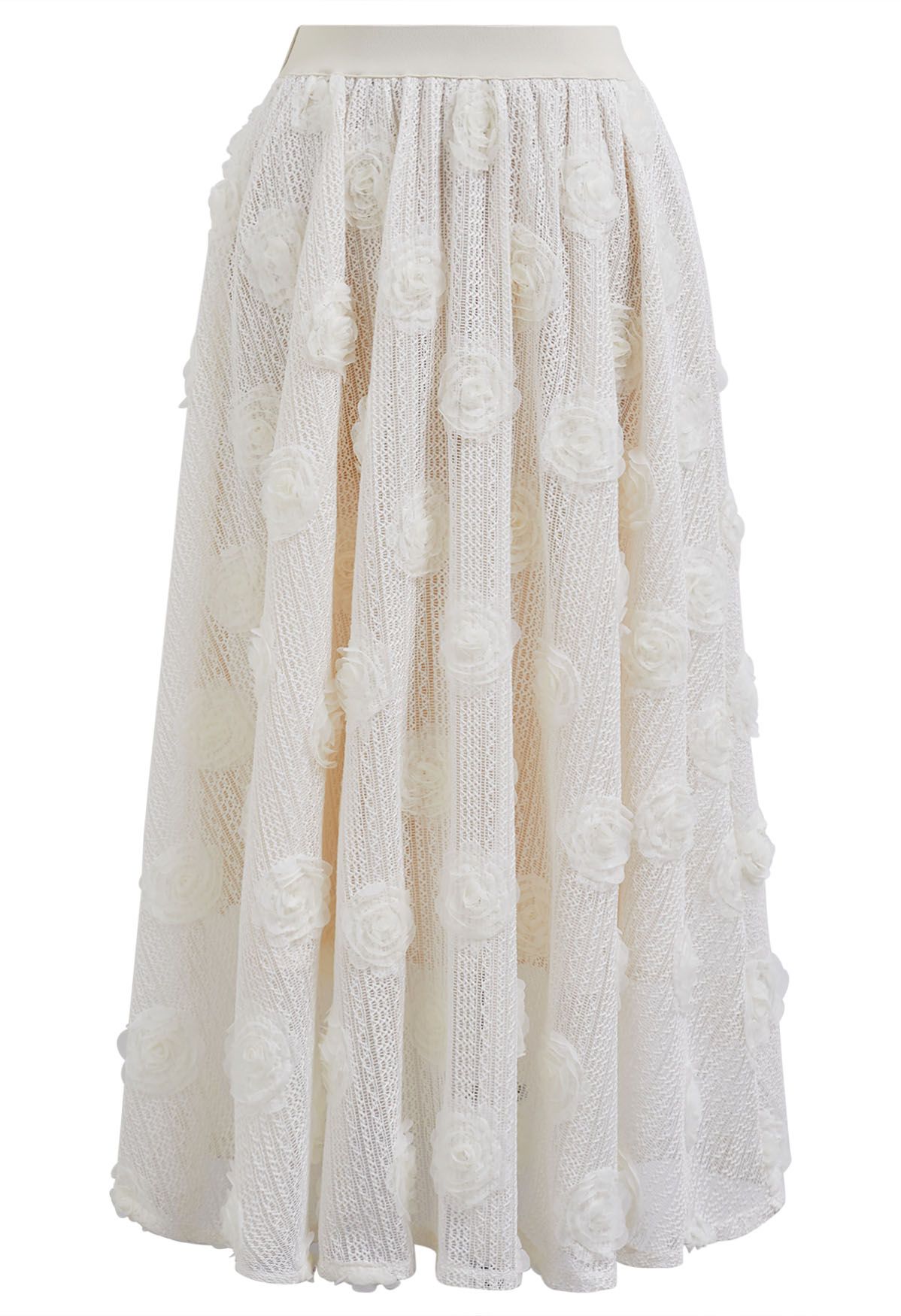 3D Rose Openwork Cotton Midi Skirt in Ivory