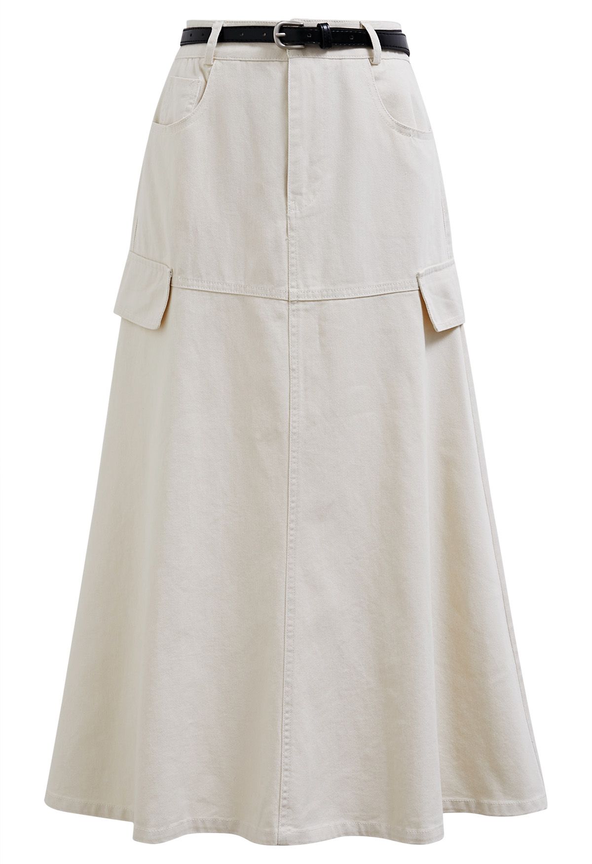 Pocket Trim Belted Denim Flare Skirt in Ivory