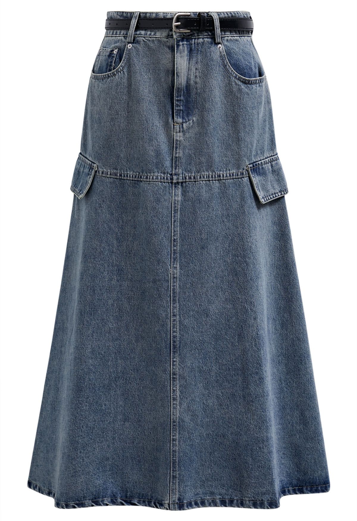 Pocket Trim Belted Denim Flare Skirt in Blue