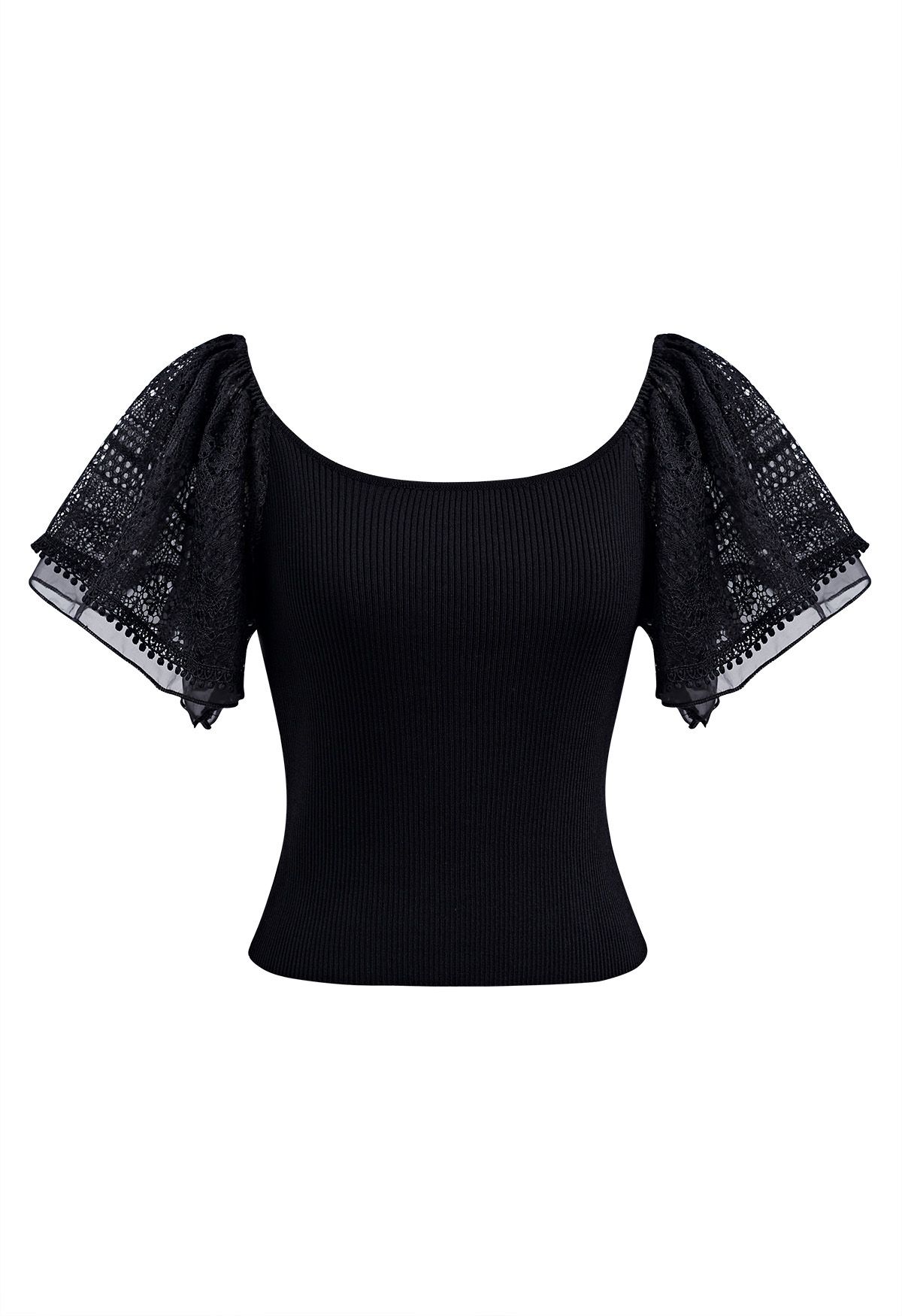 Cutwork Lace Flutter Sleeves Spliced Knit Top in Black